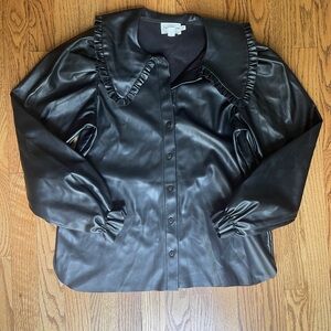 Black Faux Leather Collared Long Sleeve Button Up Blouse